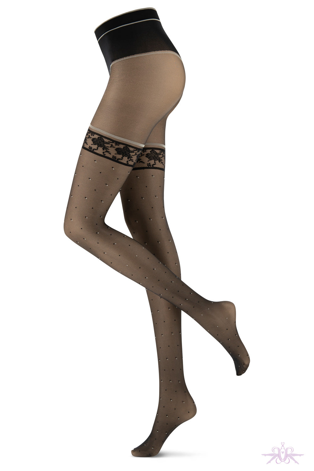 Black Lace Print Women's Fishnets with Faux Panty